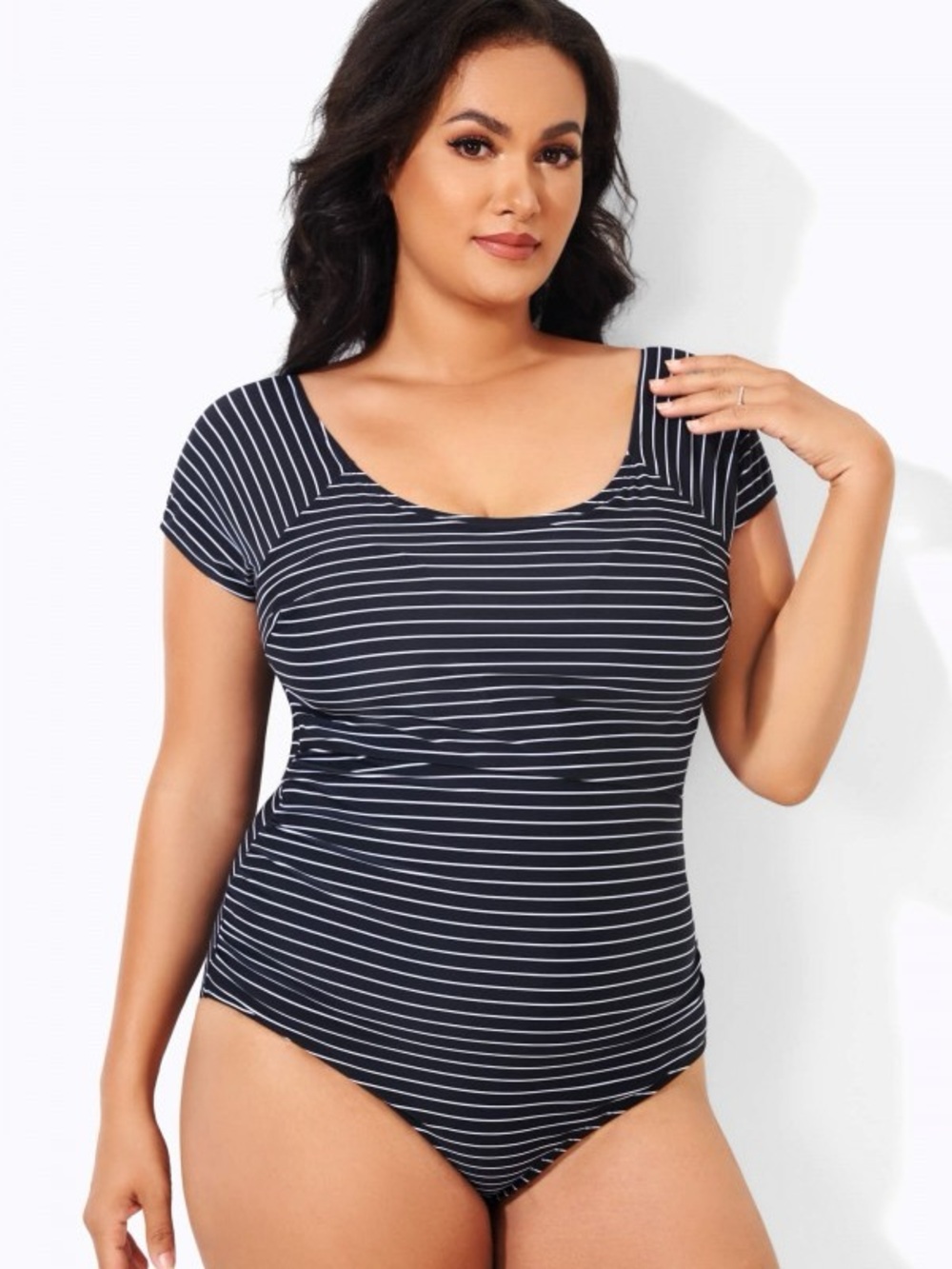 Striped Scoop Neck Short Sleeve Bathing suit  - Navy & White